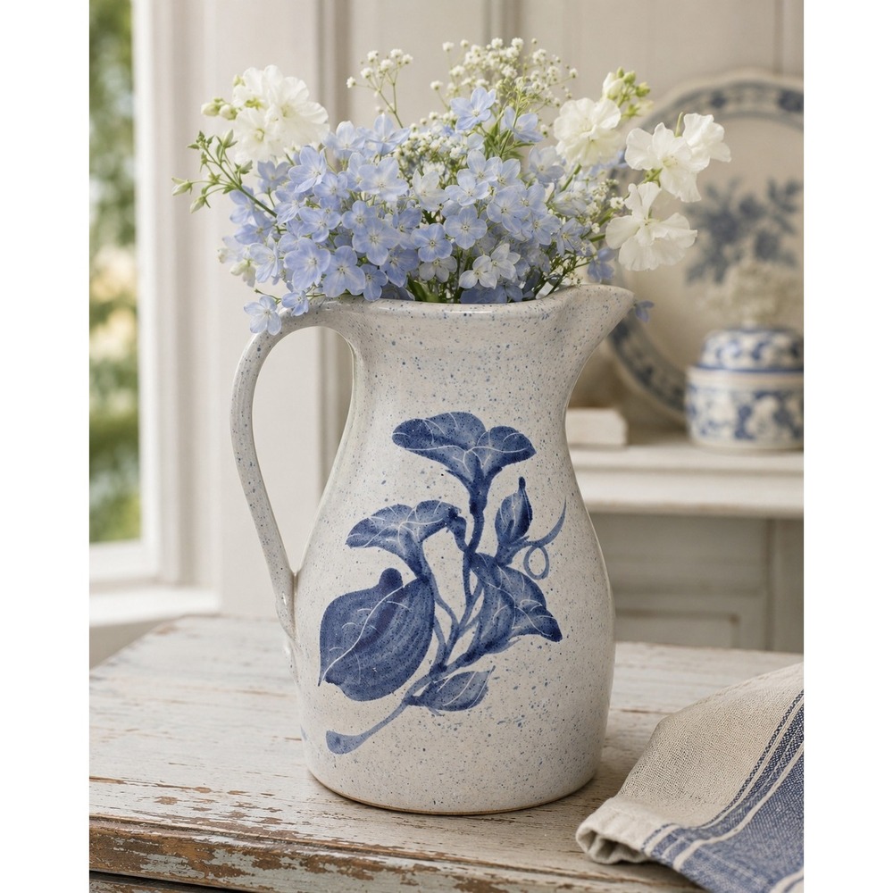 Robert Fishman RFP RI Signed Blue Floral Stoneware Pitcher Art Pottery 8.25"